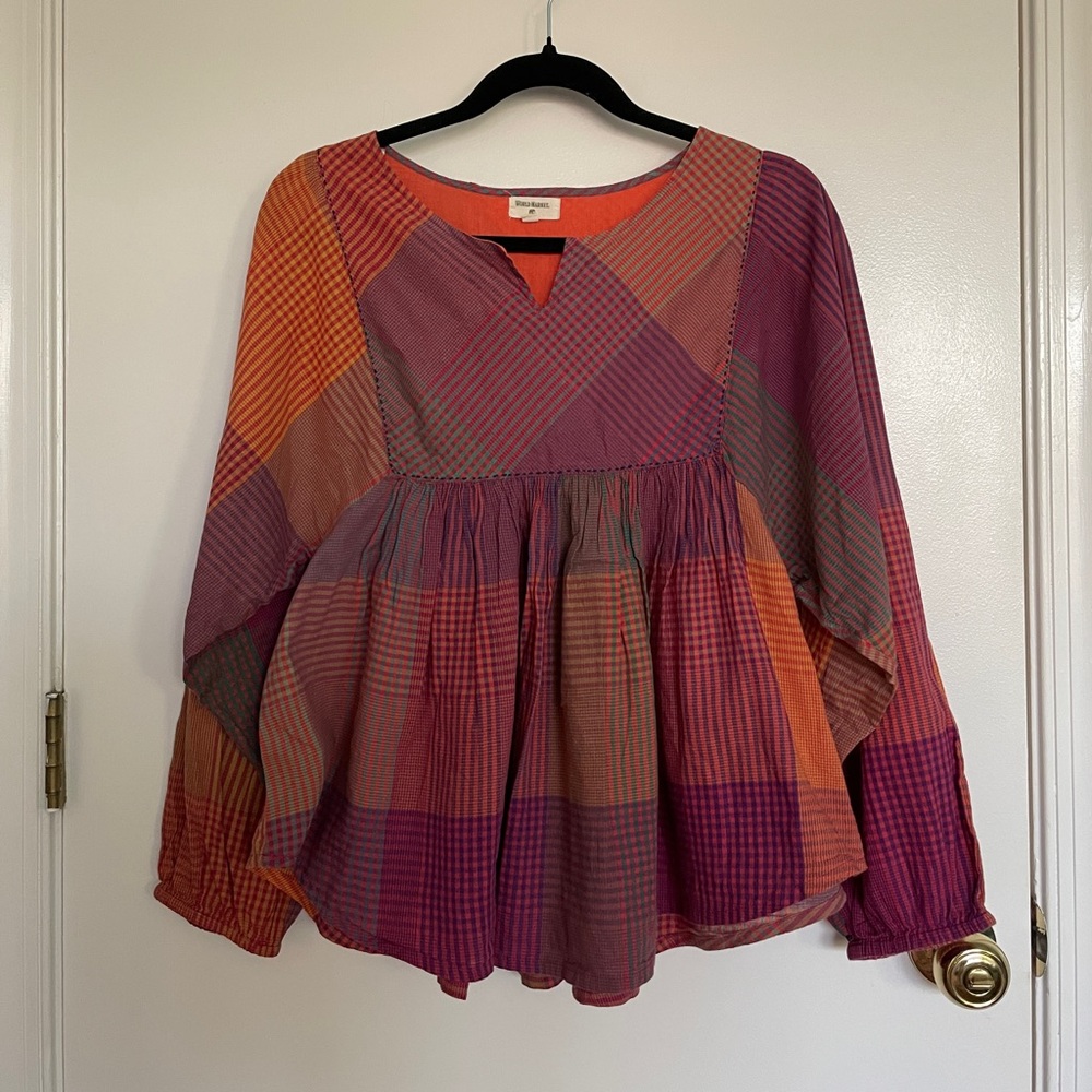 Cost Plus World Market Multicolor Checkered/Plaid Blouse
